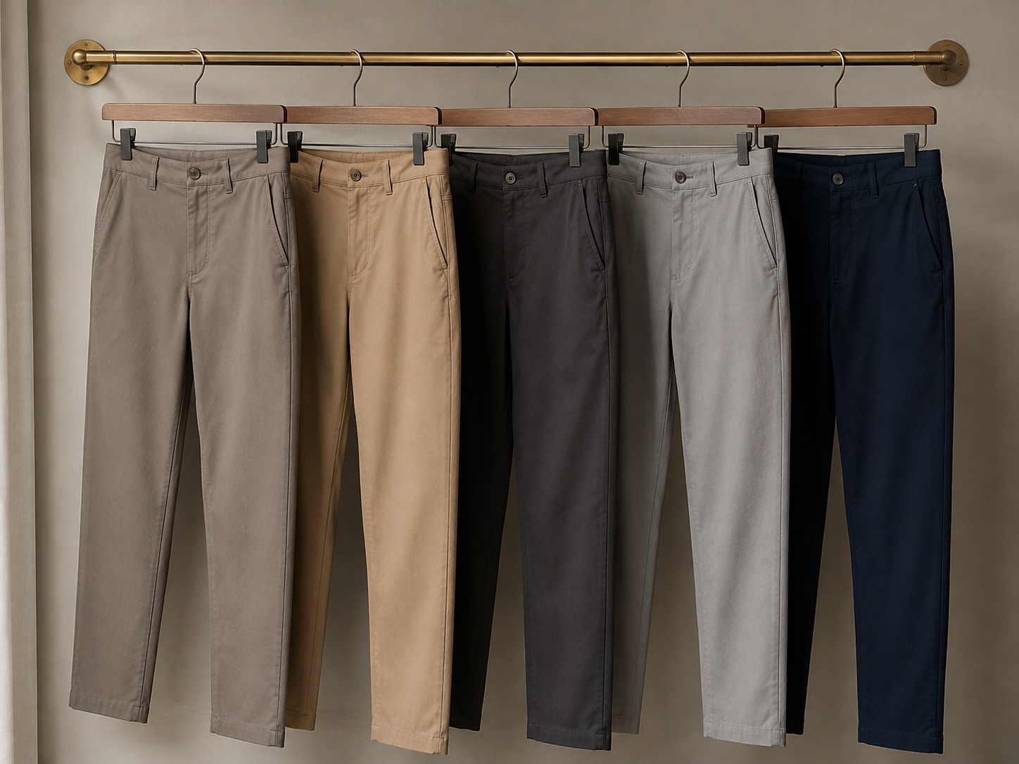 Neutral chinos arranged on wooden hangers